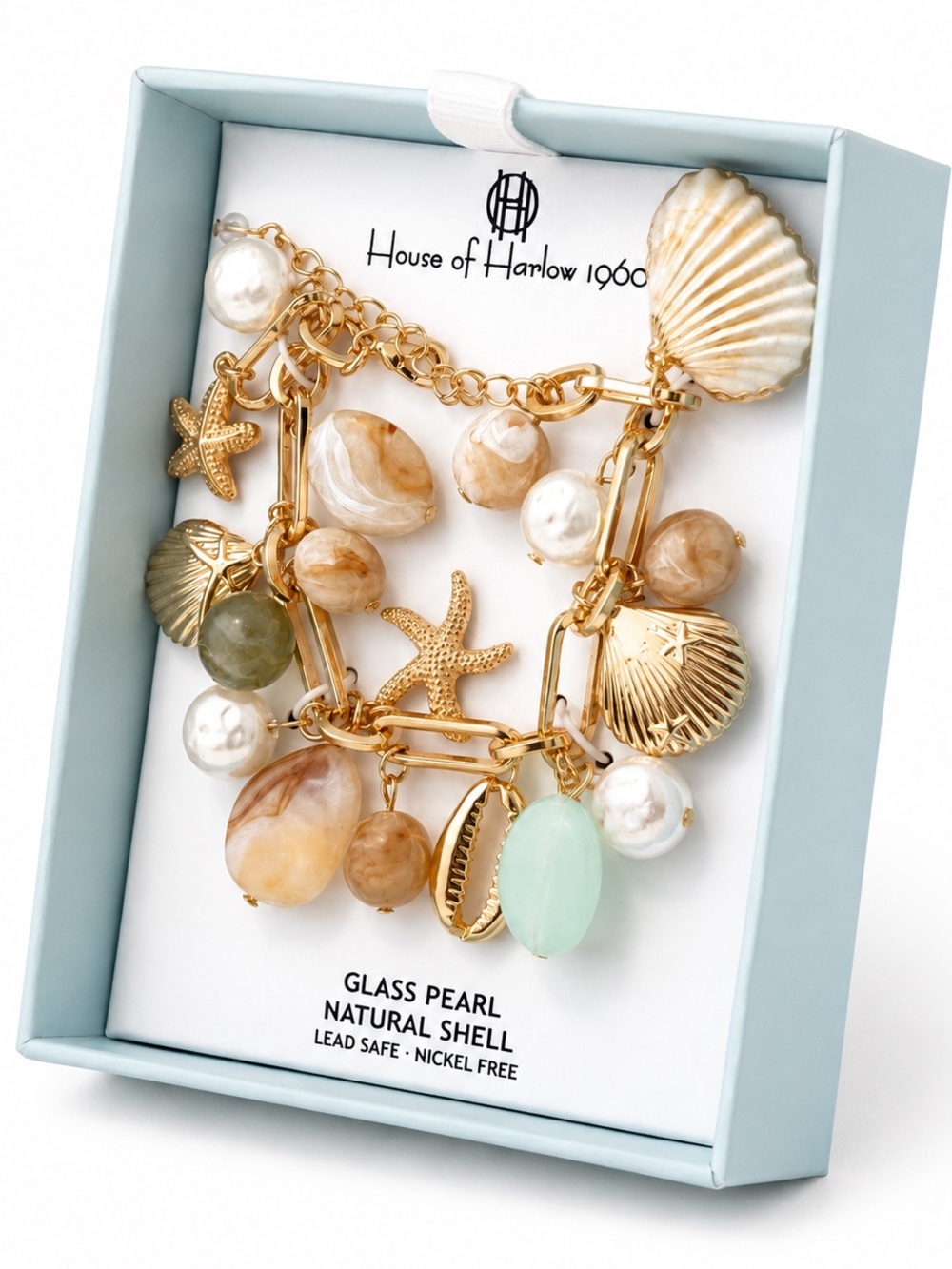 House of Harlow 1960 Gold Charm Bracelet with Pearl, Shell & Mint Accents - Picture 2 of 6